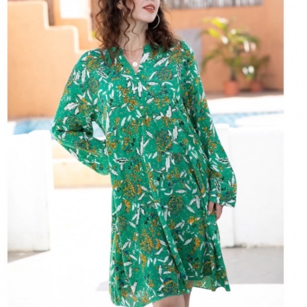 Orange Fashion‎ Village Green Floral Viscose Tiered Dress boho vacation resort S